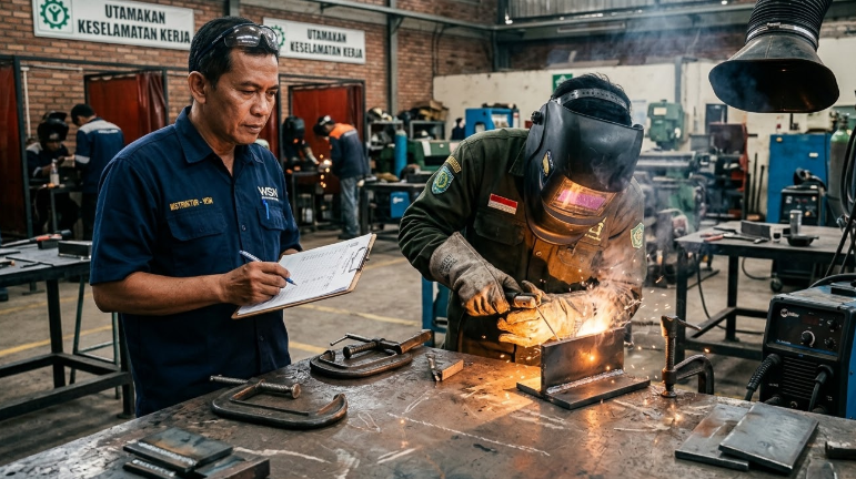 Welder mengikuti uji sertifikasi welder nasional dengan melakukan pengelasan sambungan logam di workshop pelatihan.