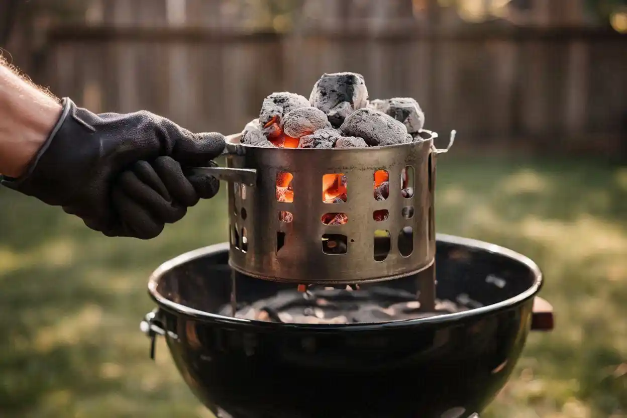 Step by step charcoal briquettes lighting using a chimney starter with glowing embers ready for grilling