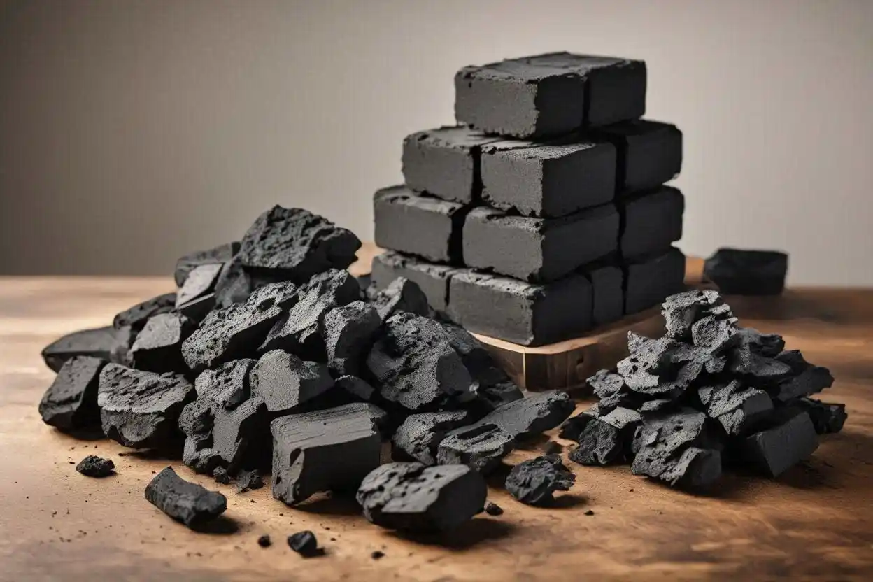 coconut shell charcoal pieces and briquettes used for grilling and fuel