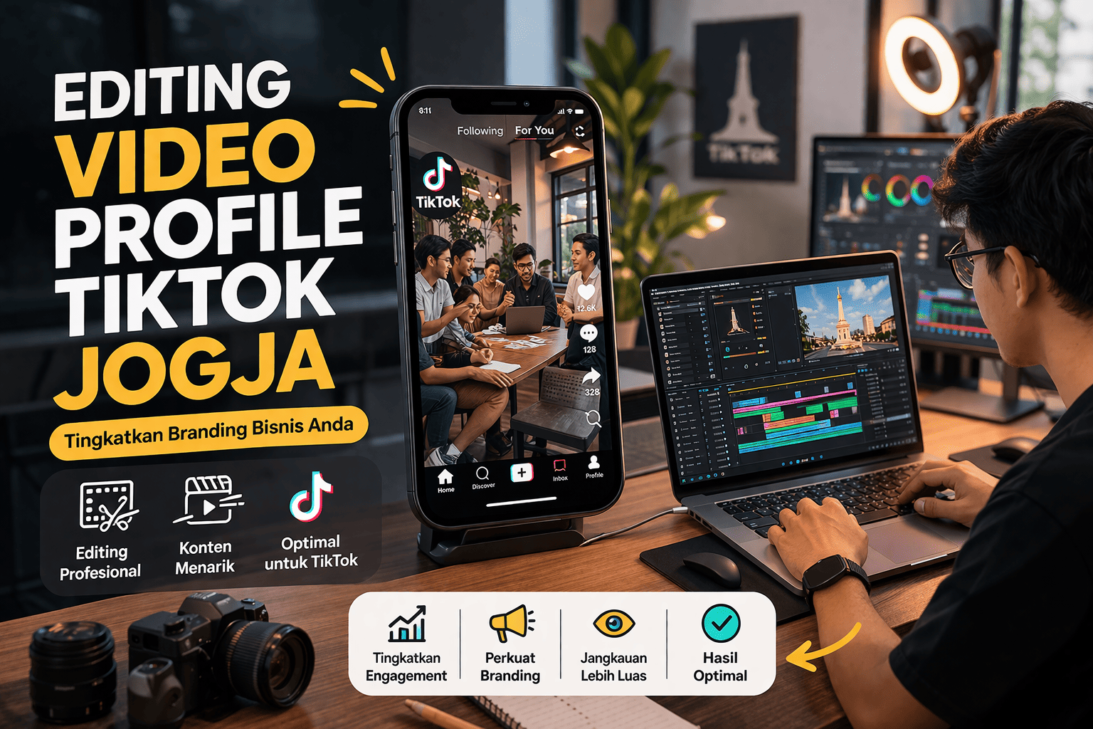 Editing video profile TikTok Jogja membantu bisnis meningkatkan branding, engagement, dan jangkauan melalui konten video pendek yang menarik dan efektif.