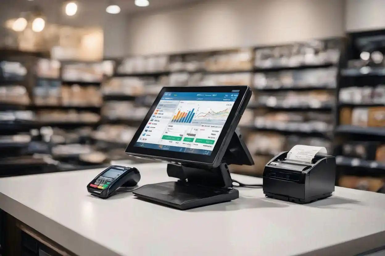Ilustrasi platform penjualan berbasis POS di meja kasir toko modern dengan layar sentuh dan mesin pembayaran digital